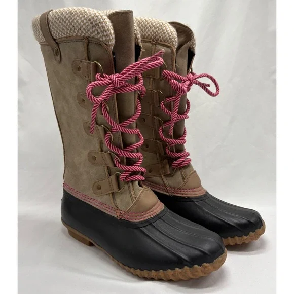 Esprit Belinda Tan Tall Lace Up Faux Fur Lined Knit Cuff Duck Boots Sz 7.5M - Picture 1 of 7